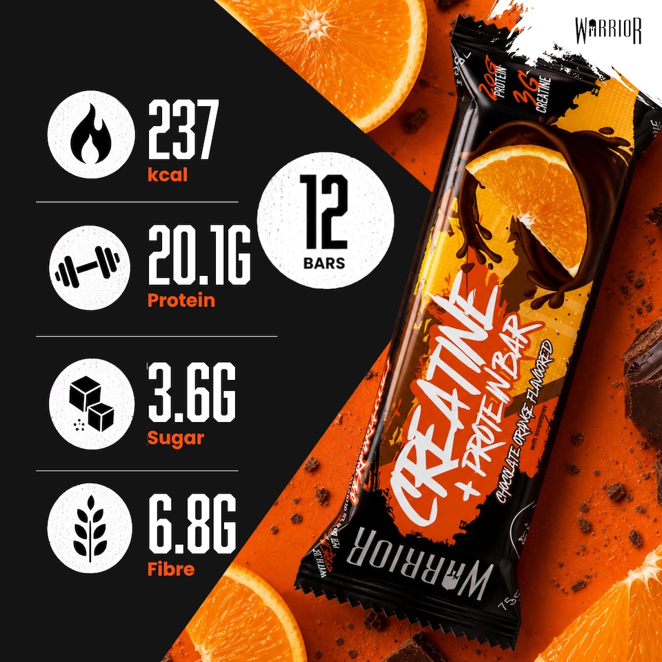 image 1 of Warrior Creatine  Protein Bars 12 x 75g – 20g High Protein Bar, 5g Creatine, Low Sugar High Fibre Oat  Bars, Meal Replacement Bars (Salted Caramel Brownie)