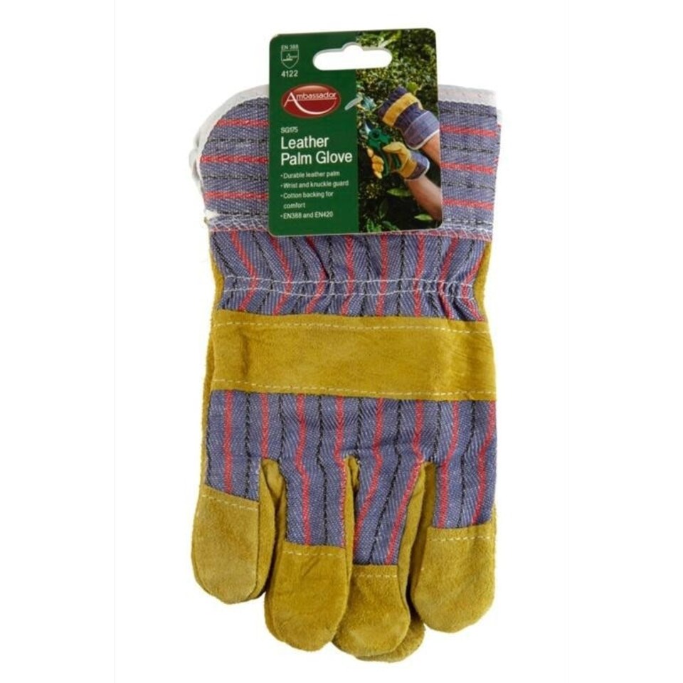 Ambassador Unisex Adult Leather Palm Gardening Gloves - Yellow/Blue/Red - One Size