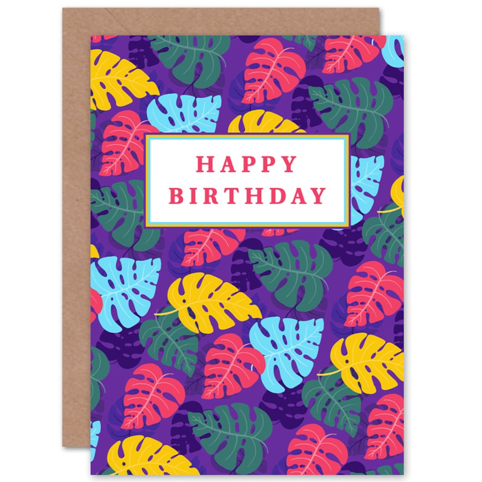 image 1 of Birthday Tropical Leaves Vibrant Plants Greetings Card