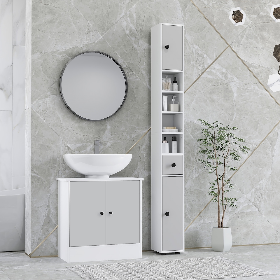 image 1 of kleankin 180cm Tall Bathroom Cabinet, Slim Bathroom Storage Cabinet with 4 Open Shelves, 2 Door Cupboards and Adjustable Shelves, Light Grey | Grey | Light Grey