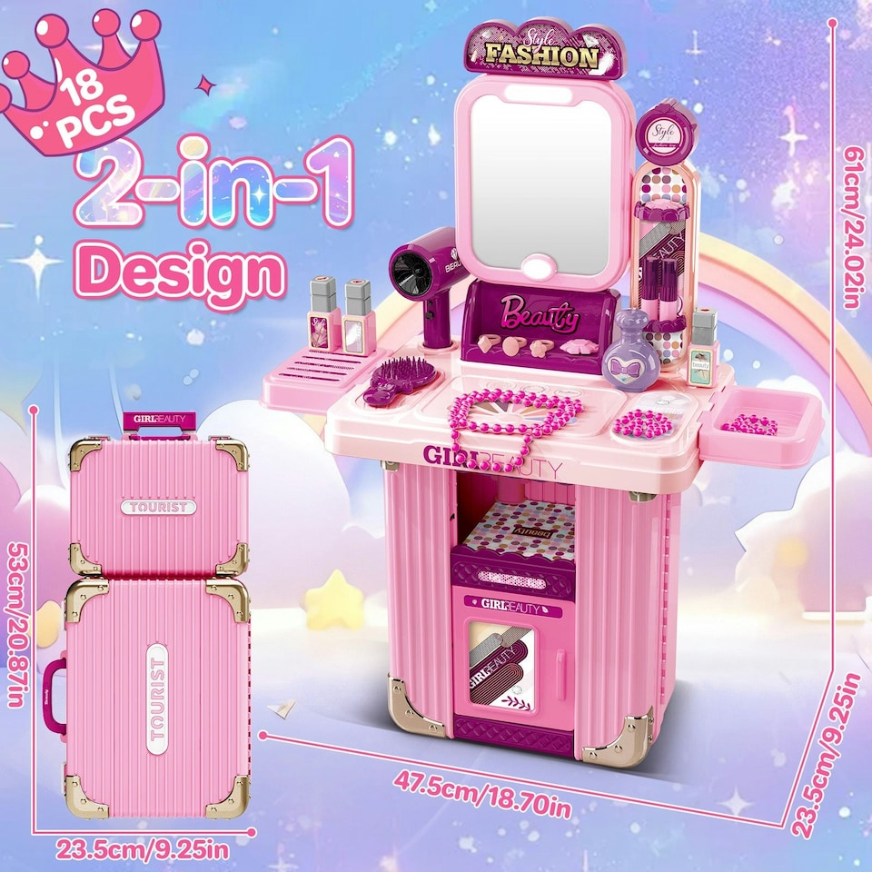 image 1 of Kids Beauty Vanity Set with Suitcase Dressing Table