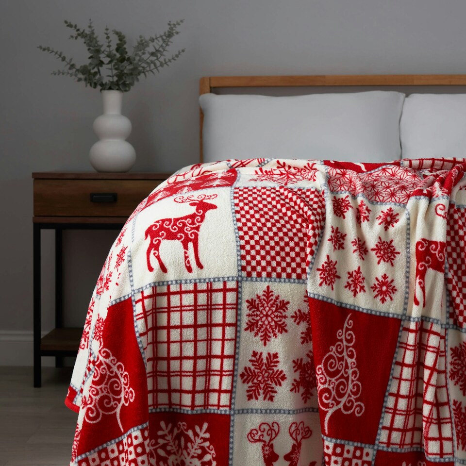 image 1 of BHS Christmas Winter Patchwork Throw, Red | Red | Red | 1