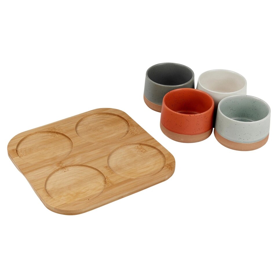 image 1 of Stoneware Serving Condiment Sets Snack Dishes Bamboo Paddle Board Platter | Multi | Multicoloured | 4 Bowls on Board