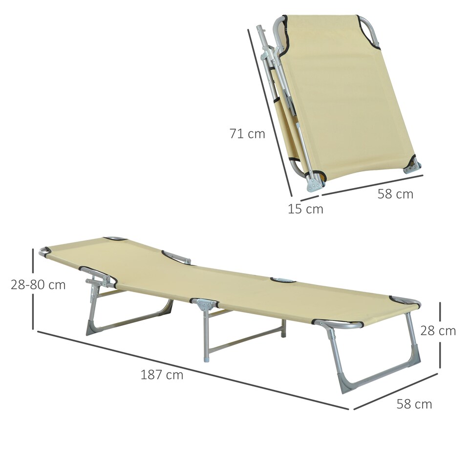 image 1 of Outsunny Camping Cot Picnic Sun Lounger Portable Folding Chaise Chair Patio | White | Beige