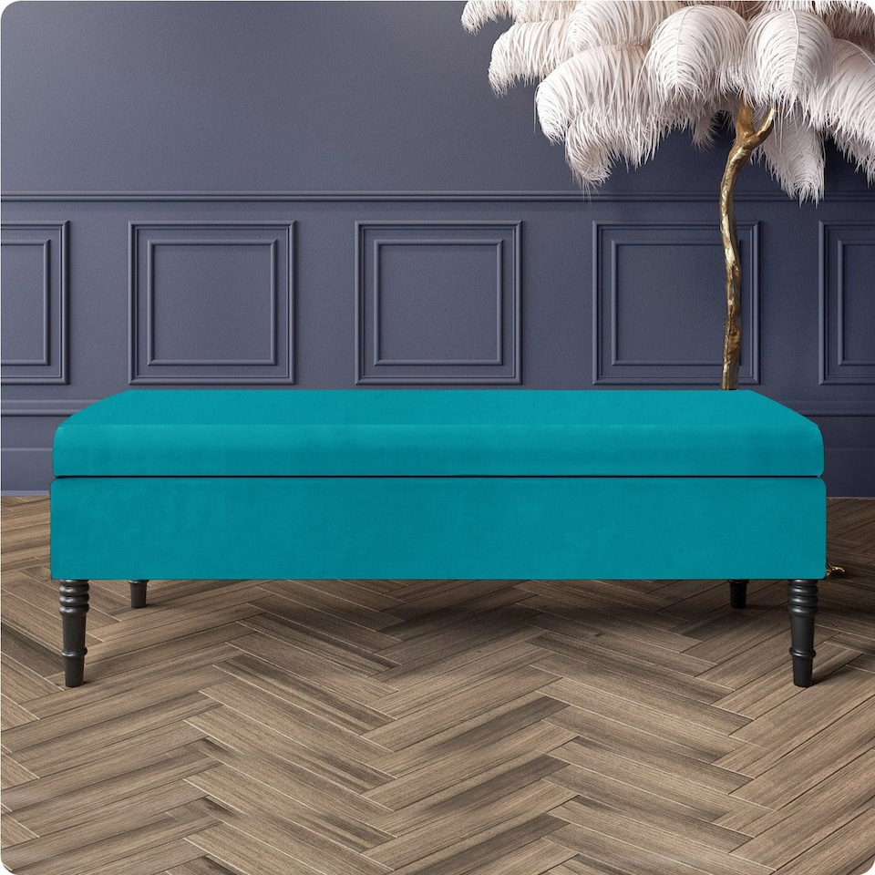 image 1 of Safar Plain 180cm Ottoman Storage Bench - Plush Velvet Shoe Bench - Teal Upholstery Footstool with Storage