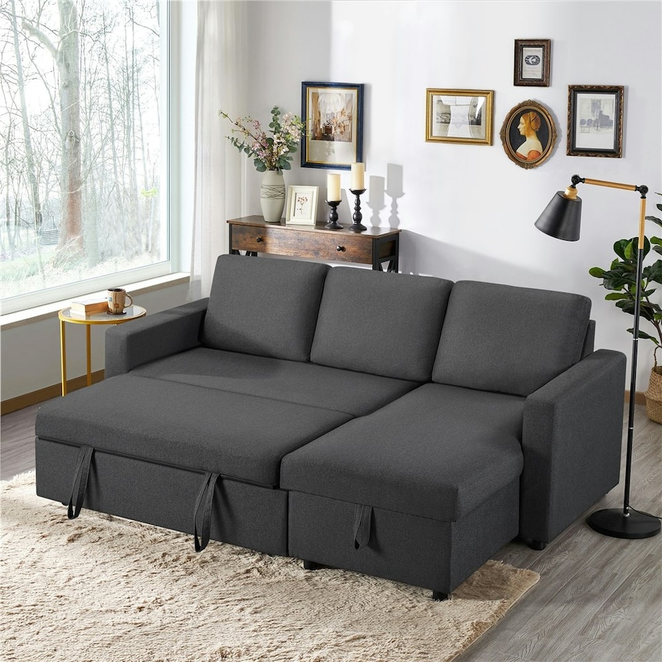 image 1 of Yaheetech Sectional Sofa with Chaise L-Shaped Sofa Bed and Pull Out Bed Storage