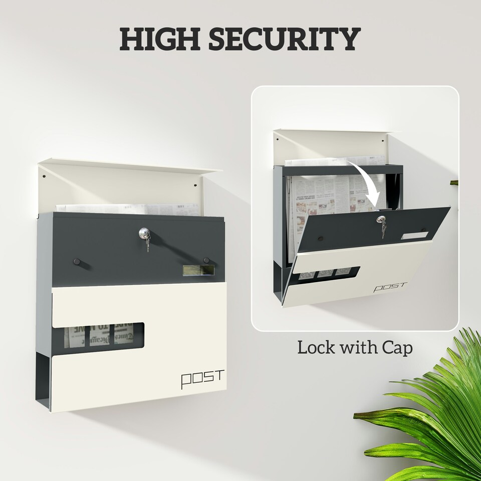 image 1 of HOMCOM Wall Mounted Post Box, Weatherproof Letterbox with Lock, White Black