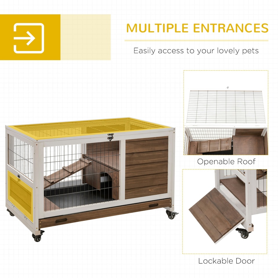 image 1 of PawHut Rabbit Cages, Guinea Pig Hutch w/ Roof & Wheels, No-Leak Tray, Brown