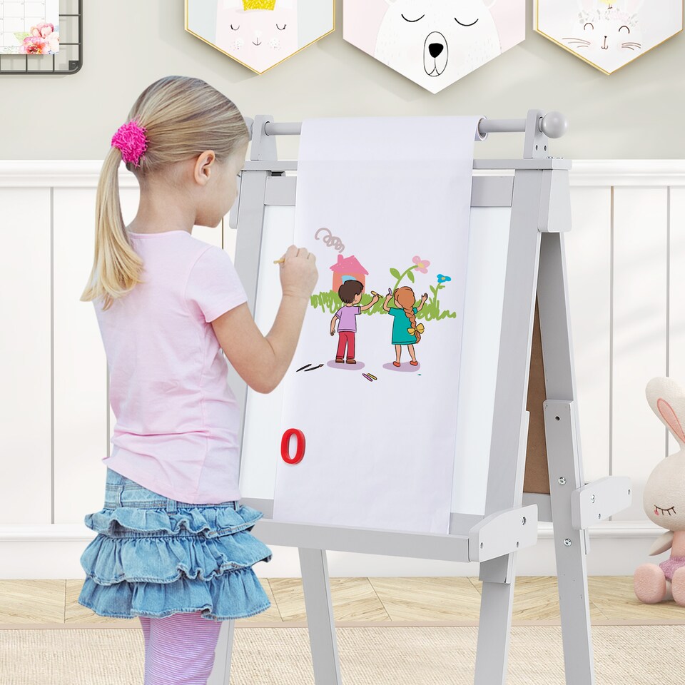 image 1 of COSTWAY Foldable Easel Kids 3-in-1 Double-sided Art Easel w/Chalkboard-Grey