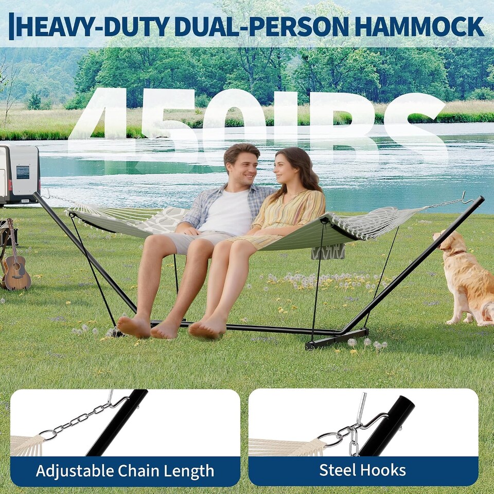 image 1 of London Boutique 12FT Double Hammock with Stand, Garden Hammock with Pillow and Balance Ropes, Grey