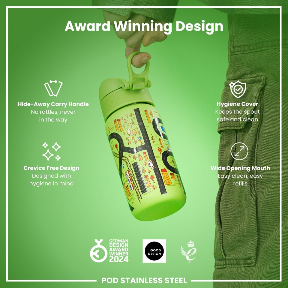 image 1 of Leak Proof Kids Water Bottle, Stainless Steel, 400ml (13oz) | Green | Cars | One Size