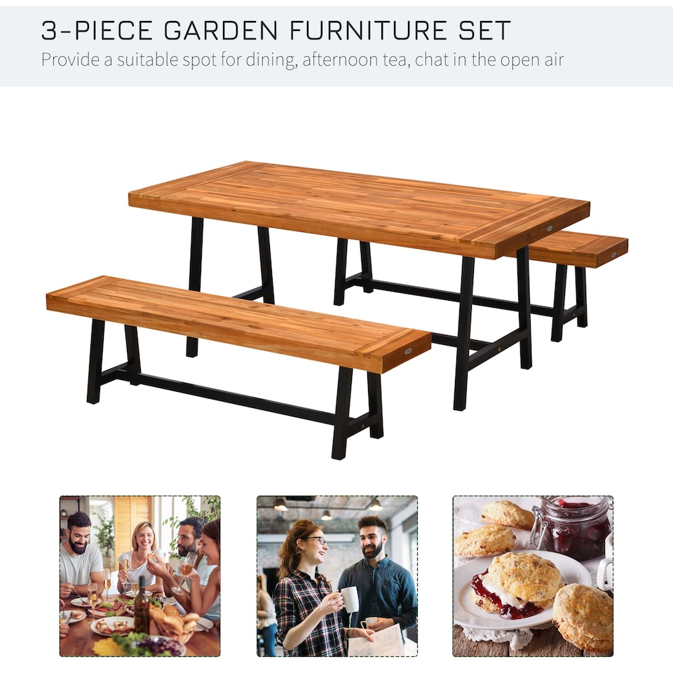 image 1 of Outsunny Garden 3 Pieces Acacia Wood Picnic Table and 2 Benches Set Dining Trestle Beer Table Patio Outdoor Indoor Furniture