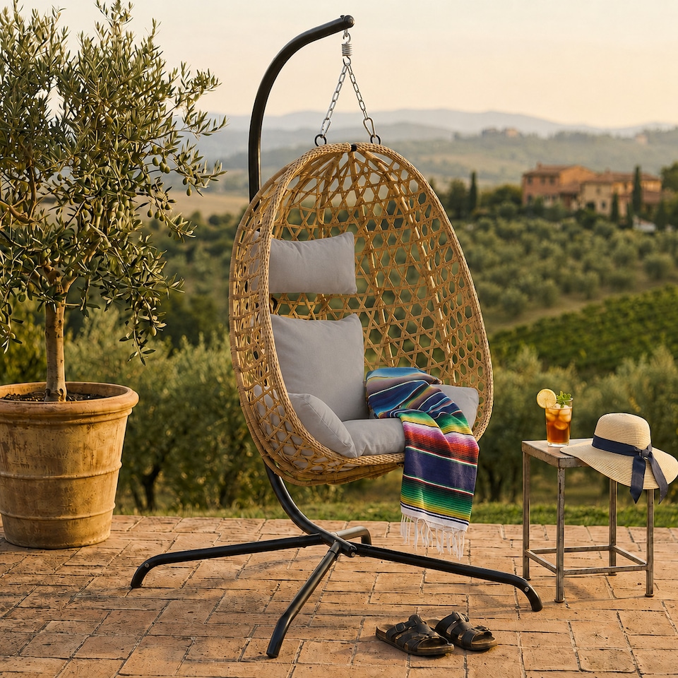 image 1 of URBNLIVING Rattan Hanging Egg Chair With Stand Indoor Outdoor