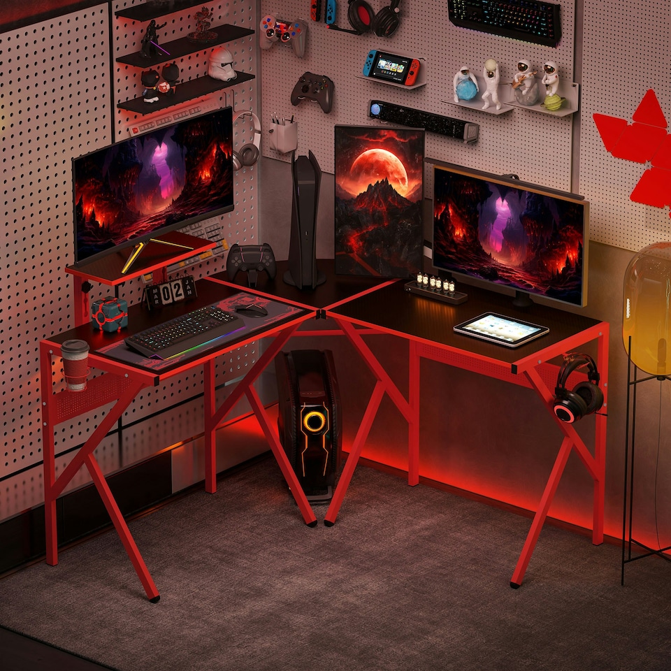image 1 of HOMCOM Corner Gaming Desk with Monitor Stand Cup Holder Headphone Hook