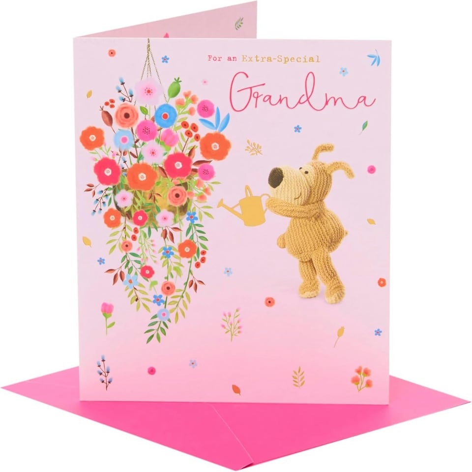 image 1 of Boofle Holding A Watering Can Watering A Hanging Basket Grandma Mother's Day Card
