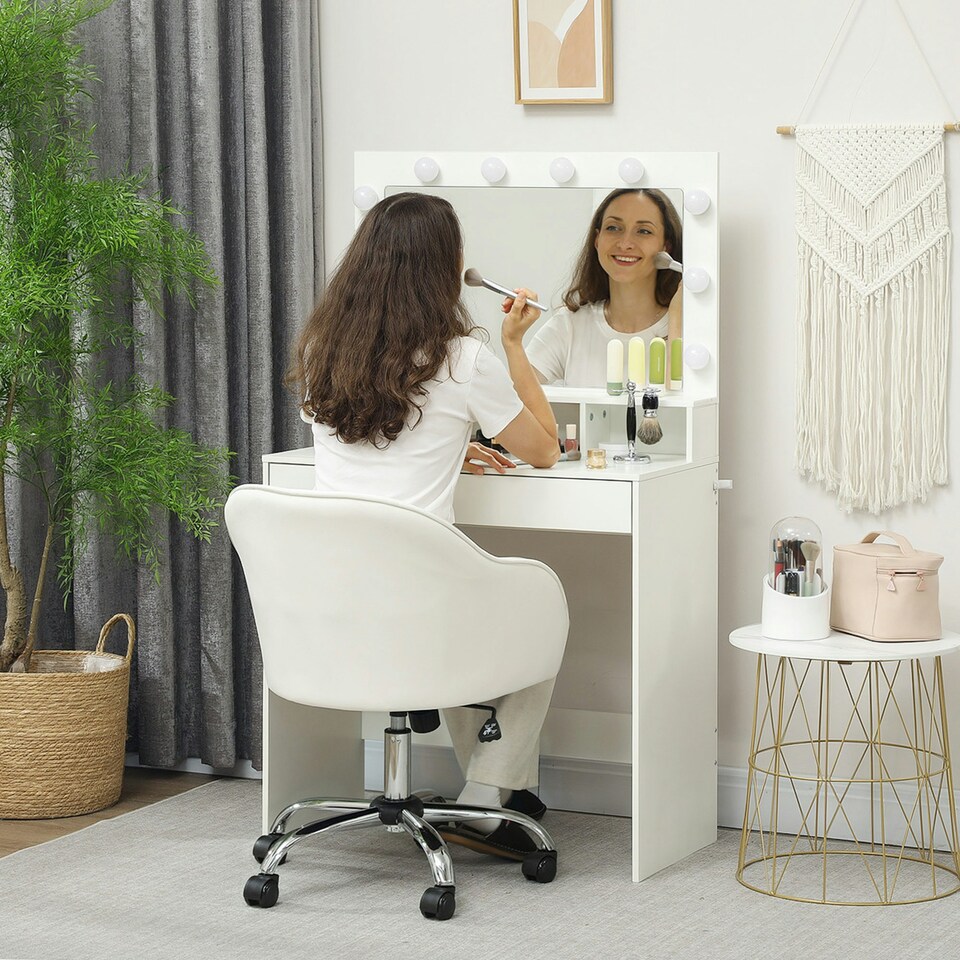image 1 of HOMCOM Vanity Chair for Desk, with Height Adjustable, Wheels, Cream Cream