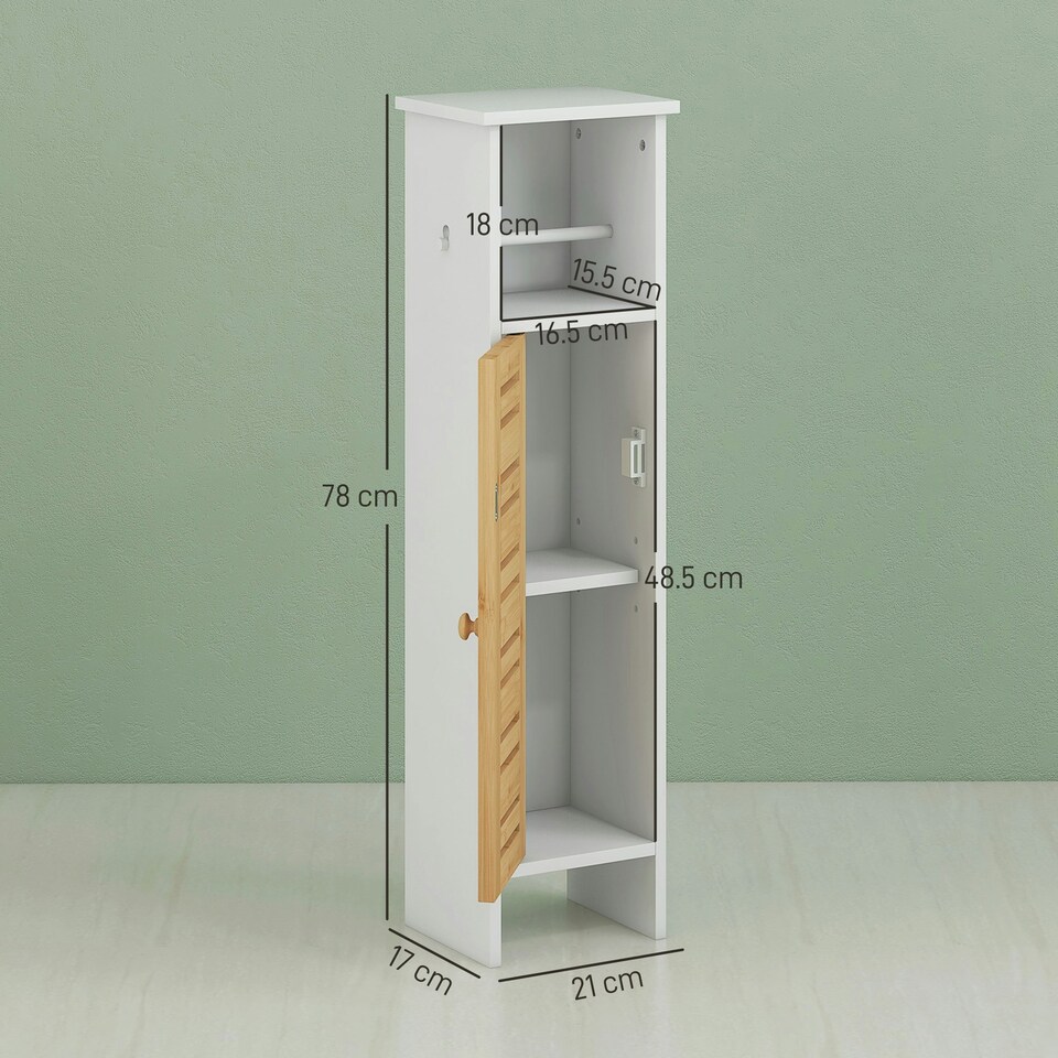 image 1 of HOMCOM Bathroom Cabinet, Slim Bathroom Unit with Adjustable Shelf, White White | Natural bamboo