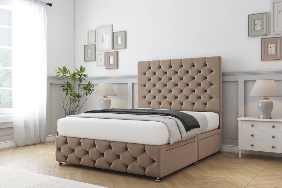 image 1 of Sloomy Watson Mink Plush Divan Bed With Mattress 2 Drawers Left Side With 54" Floor Standing Headboard & 12" Matching Footboard 3' Single | Brown | Mink | Single | 1