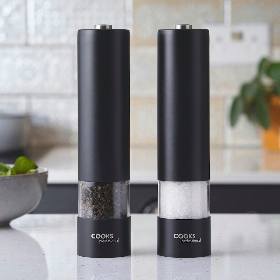 image 1 of Cooks Professional Electric Salt & Pepper Mill Set with Bamboo Base | Adjustable Grind Settings | Simple One-Button Operation | Matt Black / Bamboo