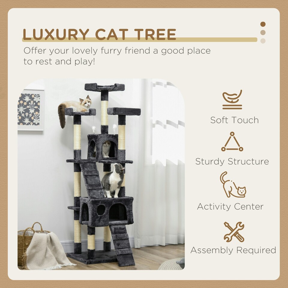 image 1 of PawHut 173cm Cat Tower Scratching Post Activity Centre for Indoor Charcoal