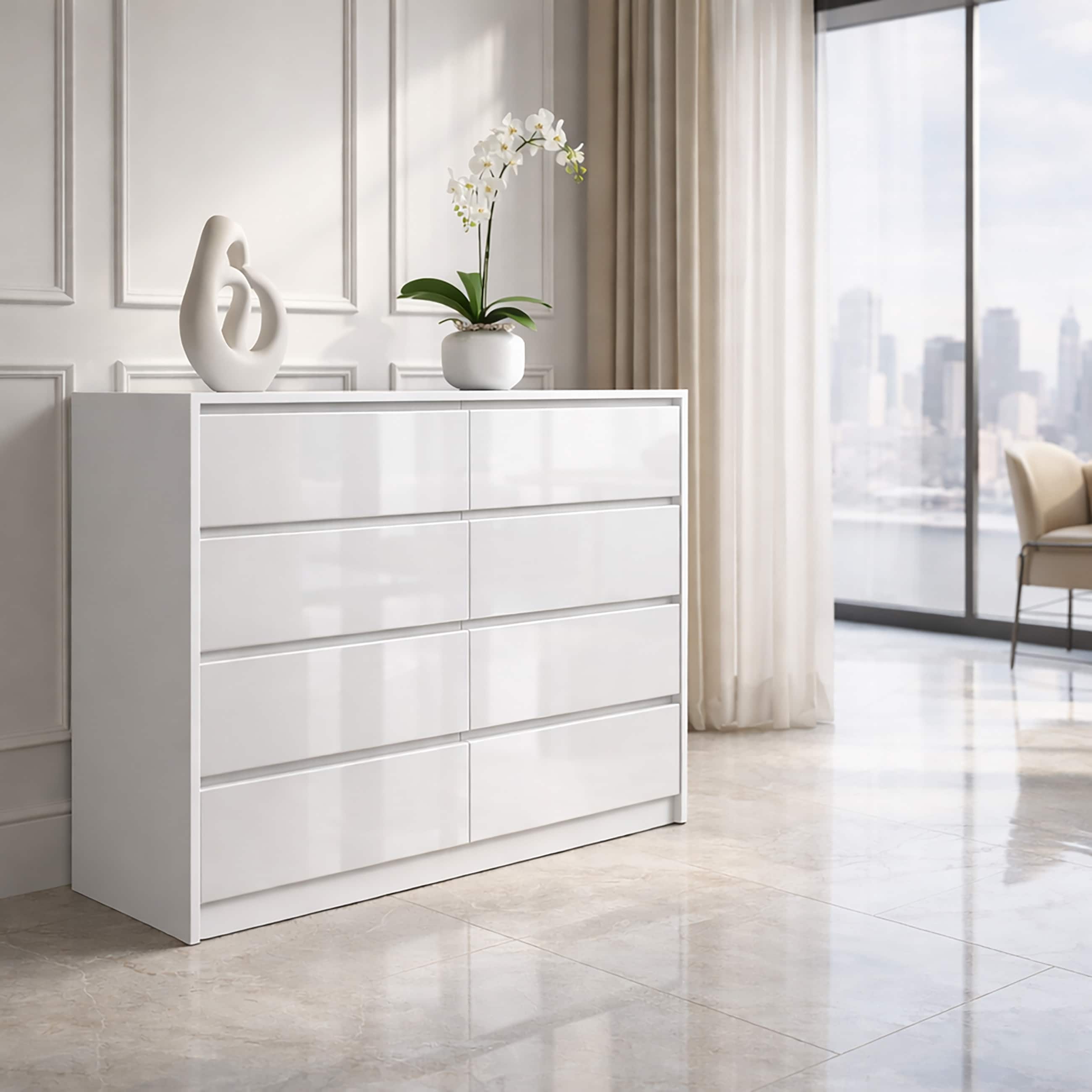 LUXURY White 8 Drawer High Gloss Chest of Drawers - Handleless Sleek Design