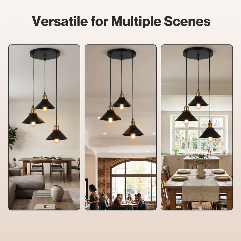 image 1 of Emitto Pendant Light 3 Lights Height Adjustable Vintage Ceiling Light Black