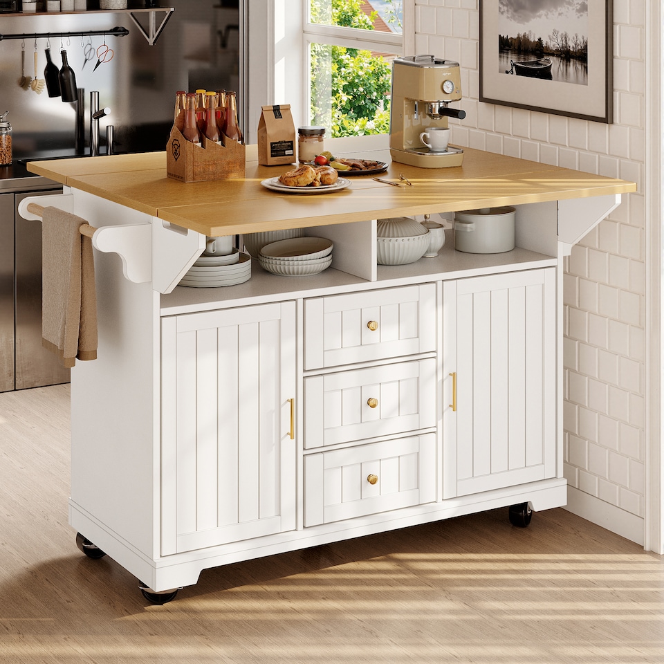image 1 of VILUXE Kitchen island, cabinet, sideboard 120 x 40 (80) x 95 cm, extendable kitchen trolley with casters, extendable on both sides, with towel rail and spice rack, two doors, three drawers, black/white
