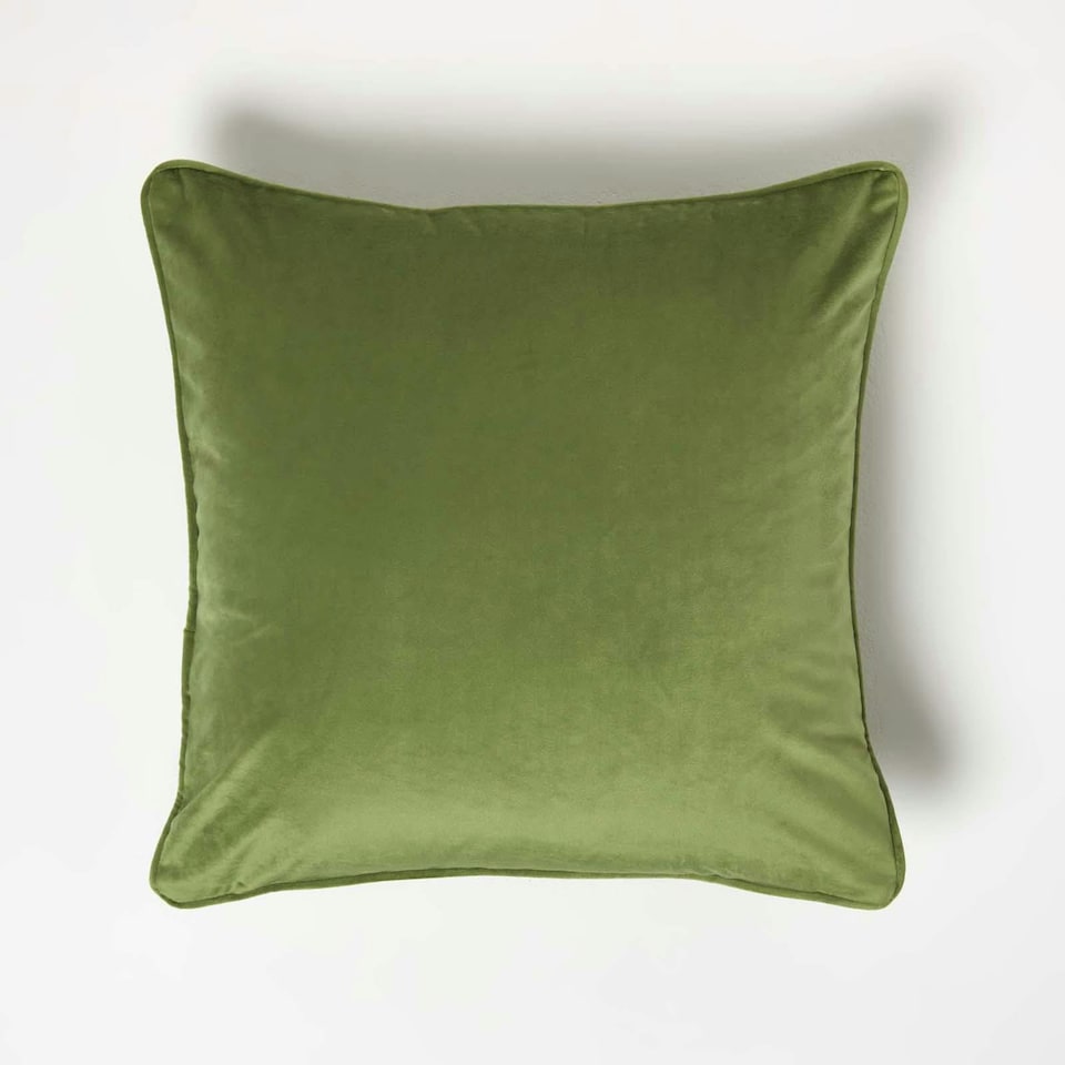 image 1 of Homescapes Olive Green Filled Velvet Cushion with Piped Edge - 46 x 46 cm | Green | Olive Green | 1