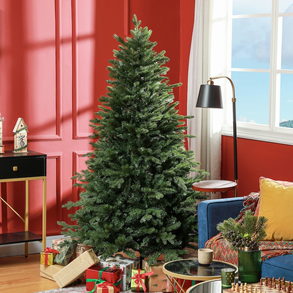 image 1 of HOMCOM 6 Ft Artificial Christmas Tree with Metal Base, Hinged Branches