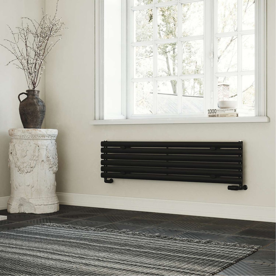 image 1 of Omeara Axis Horizontal Single Panel Bathroom Radiator - Black (H) 348mm x (W) 1400mm