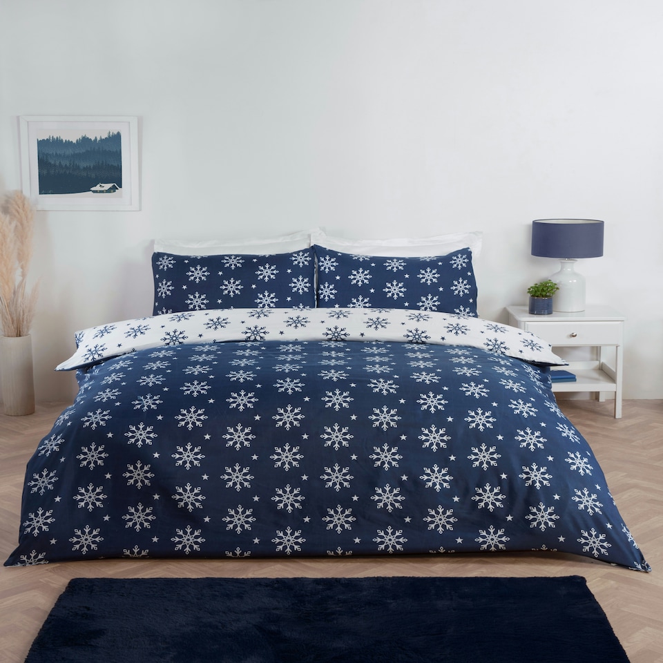 image 1 of Snowflake Reversible Microfibre Fabric Complete Duvet Cover Set with Pillowcase and Fitted Sheet (Blue) Blue | Single