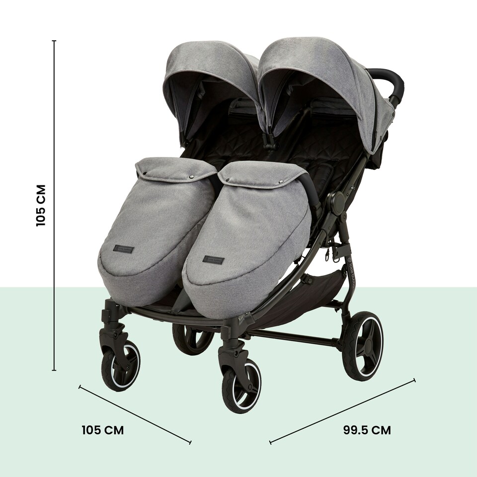 image 1 of Venus Prime Double Stroller - Birth to 15kgs (Approx. 3 Years), Lightweight, One Hand Fold, Newborn Cocoon, 2 Quilted Footwarmers & Rain Cover (Space Grey)