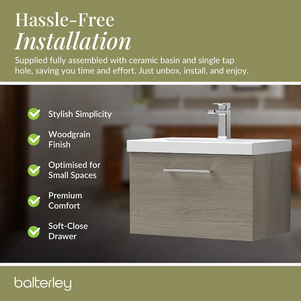 image 1 of Bathroom Wall Hung 1 Soft Close Drawer Vanity Unit, Solace Oak, 610mm | Brown | Solace Oak | 399 x 610 x 390mm