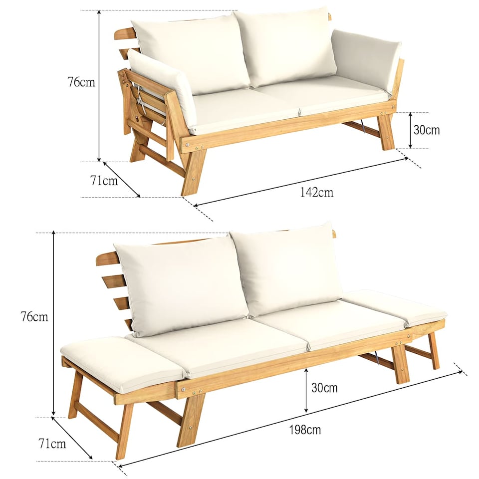 image 1 of COSTWAY Outdoor Daybed Patio Convertible Couch Sofa Bed Adjustable Armrest White