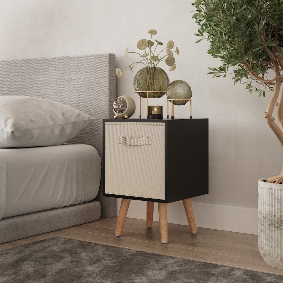 image 1 of Black 1-Drawer Cube Shelving Unit with Scandinavian Legs | Cream | Beige & Beech | 1