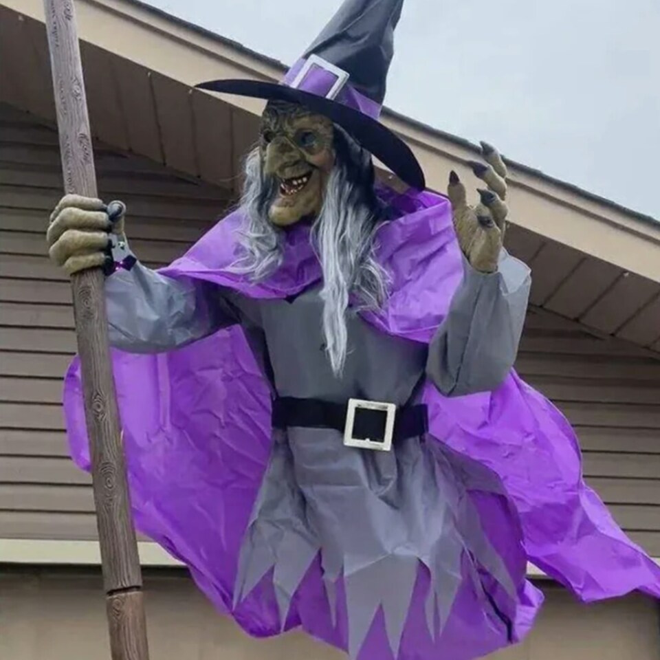 image 1 of Home Accents Holiday 12ft Giant Animated Hovering Halloween Witch with Broomstick and LEDs