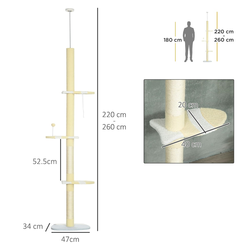 image 1 of PawHut 220-260cm Kitten Tower, Multi-Layer Floor to Ceiling Cat Tree, Yellow