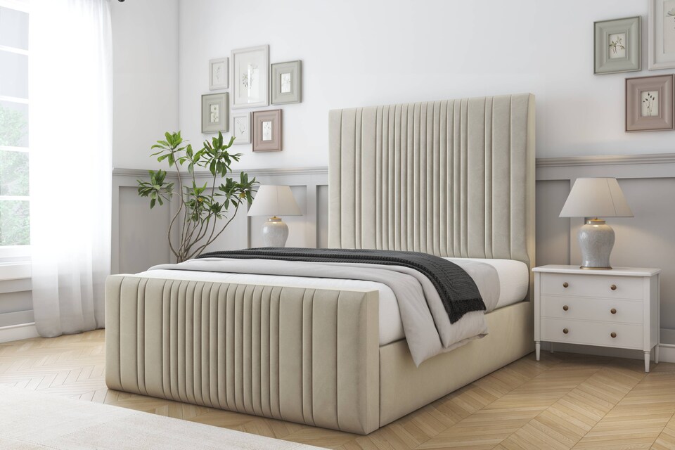 image 1 of Sloomy Kingsley Cream Plush Bed Frame With Mattress With 50" Upholstered Headboard 6' Super King