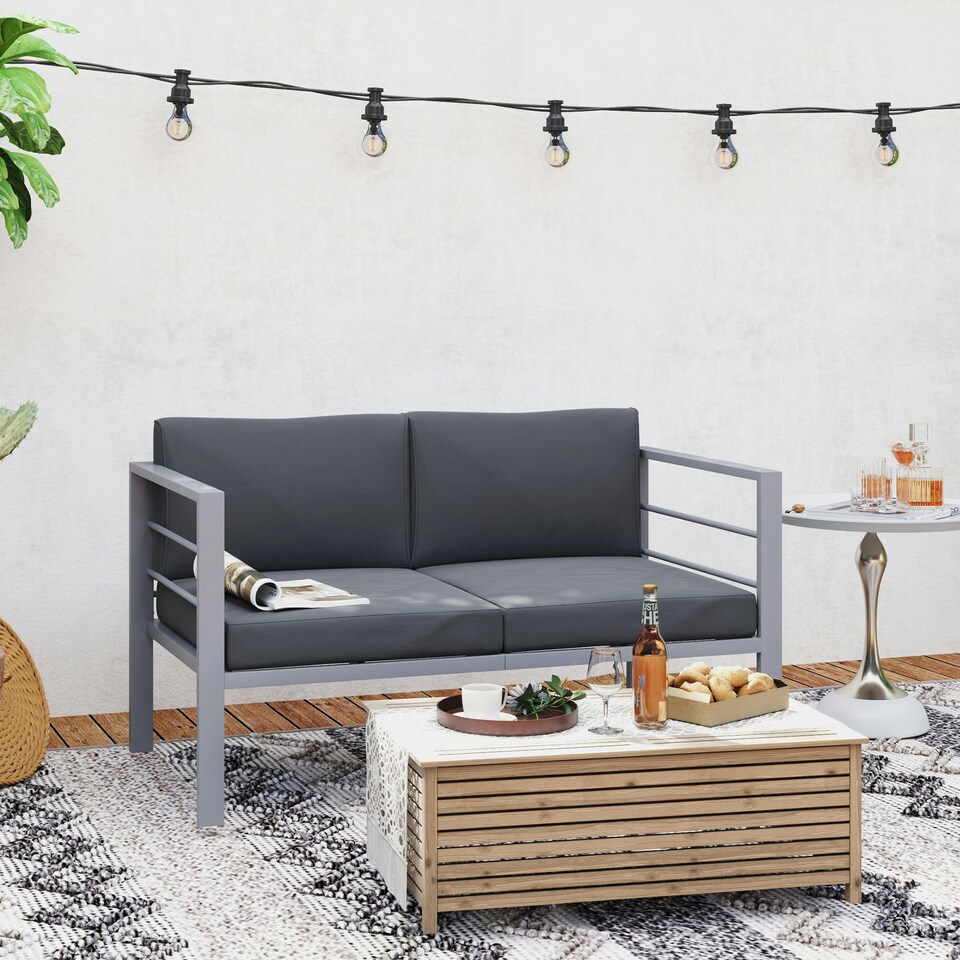 image 1 of Outsunny All-Weather Garden Loveseat with Removable Cushions, Charcoal Grey
