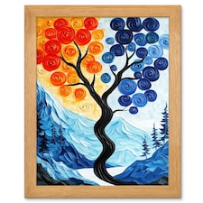 Autumn To Winter Tree Folk Mountain Landscape Wood Framed Wall Art Print