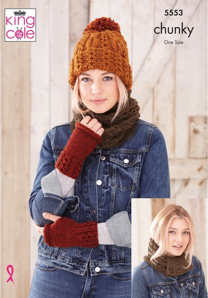 King Cole Big Value Chunky Knitting Pattern 5553, Scarves, Headwear and Gloves for Women - One Size