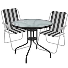 Garden Table & Folding Deck Chairs Set 2 4 Seater Outdoor Patio Dining Furniture | White | Table + 2 White & Black Stripes Chairs