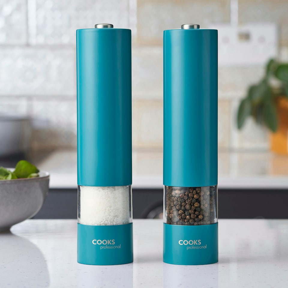 image 1 of Cooks Professional Electric Salt & Pepper Mill Set | Adjustable Grind Settings | Simple One-Button Operation | Teal