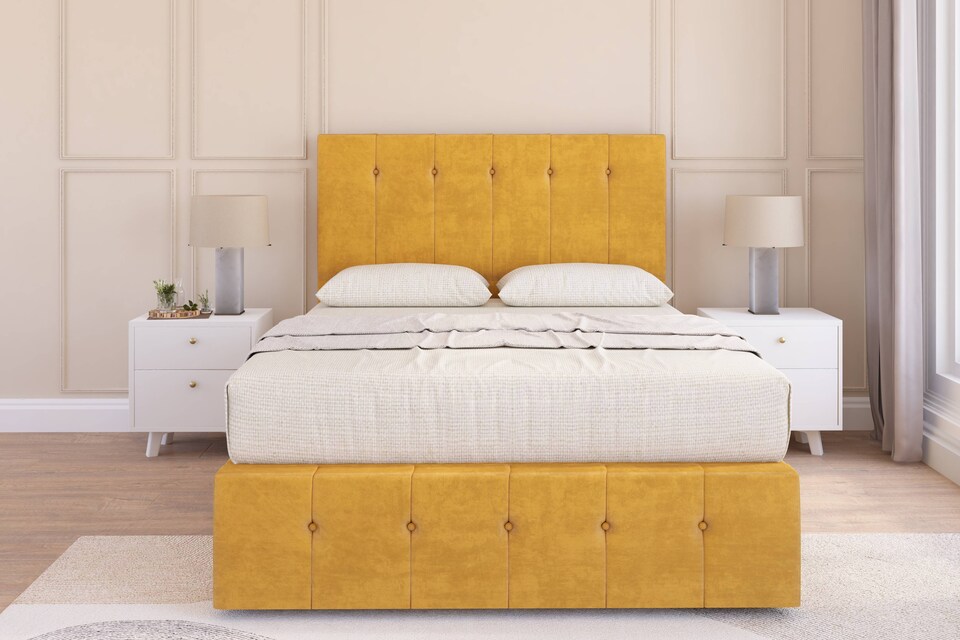 image 1 of Sloomy Cambridge Mustard Plush Divan Bed Base 2 Drawers Foot-End With 26 Inch Strutted Headboard & 12 Inch Matching Footboard | Gold | Mustard | King | 1