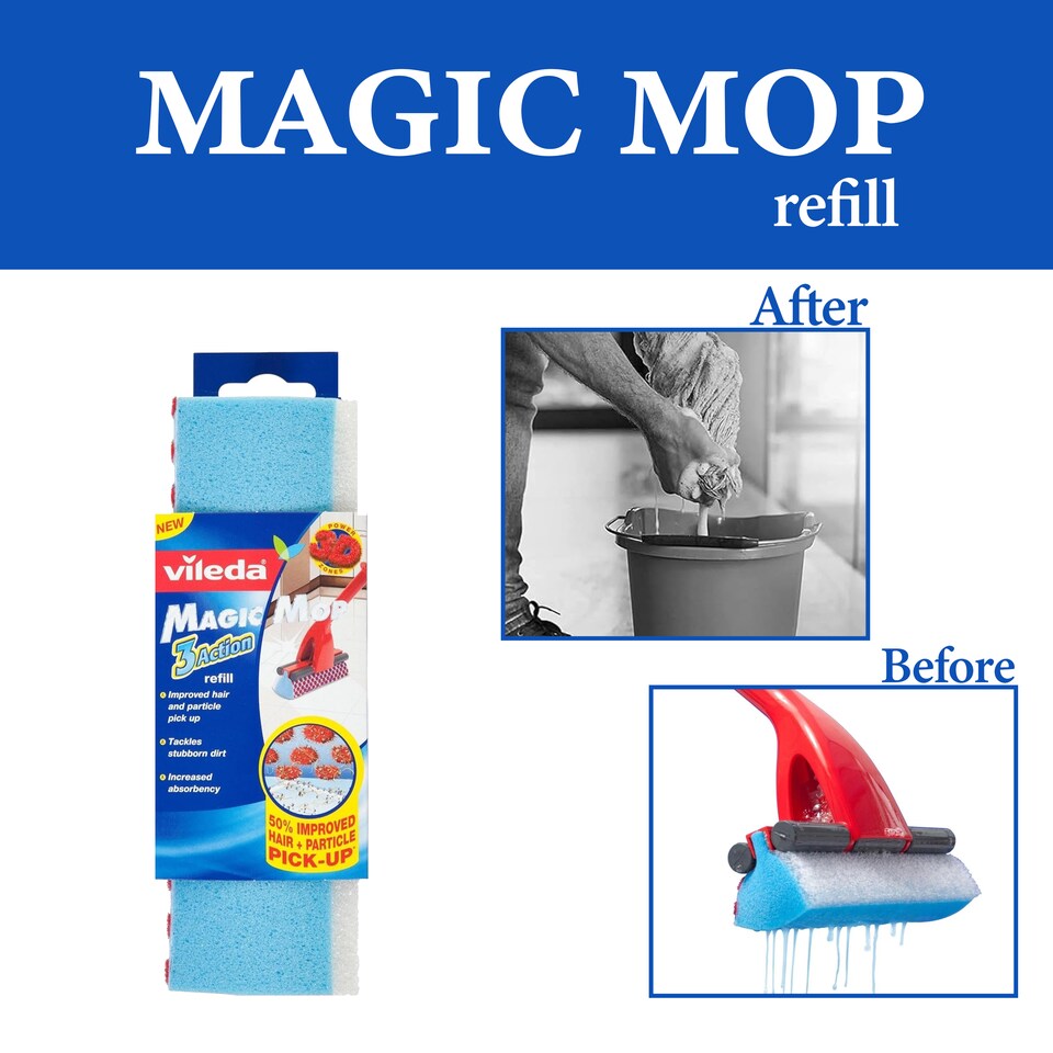 image 1 of Vileda Magic Mop Refill Sponge Floor Cleaning Replacement Head Hard Floors Pack of 3