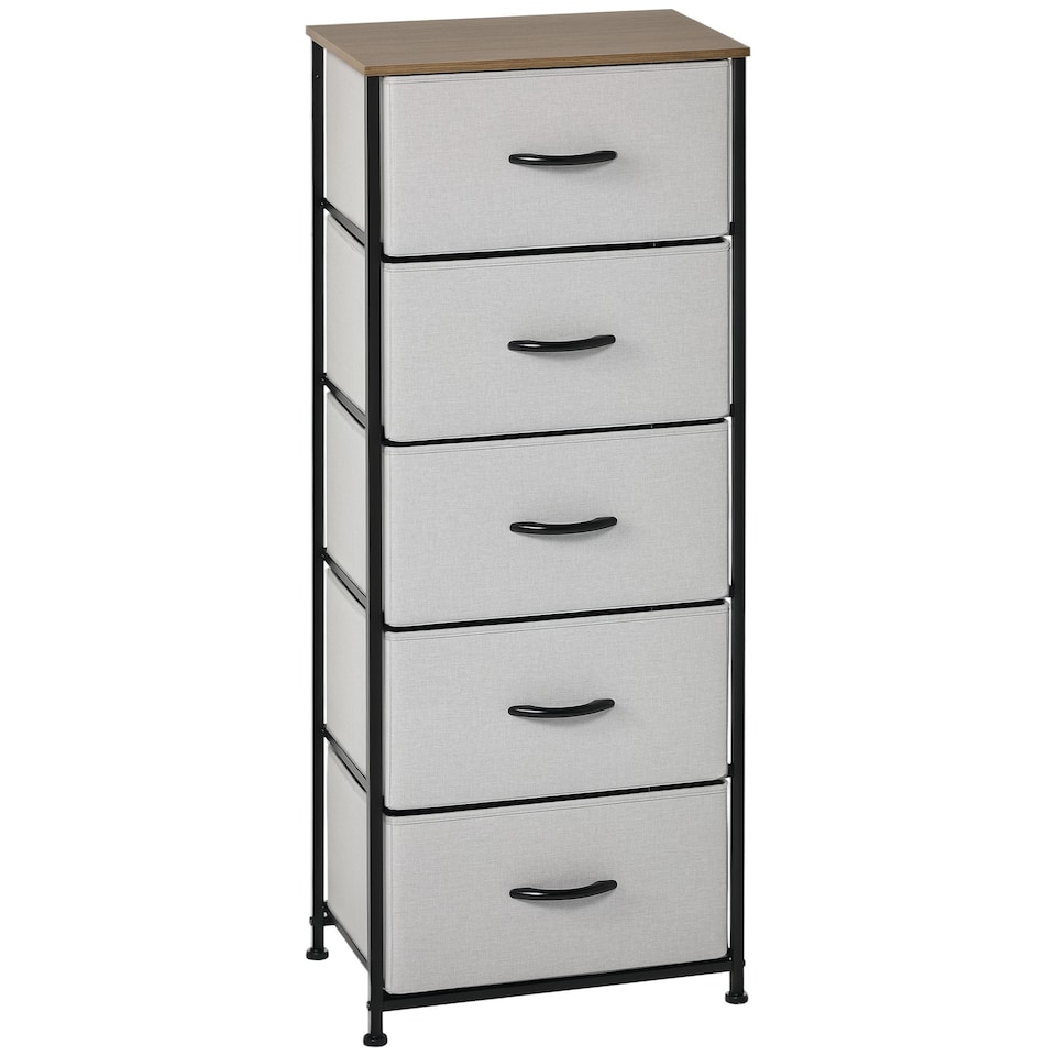 image 1 of HOMCOM Fabric Chest of Drawers, Industrial Bedroom Dresser with 5 Fabric Drawers, Steel Frame and Wooden Top for Nursery, Living Room, Hallway, Grey
