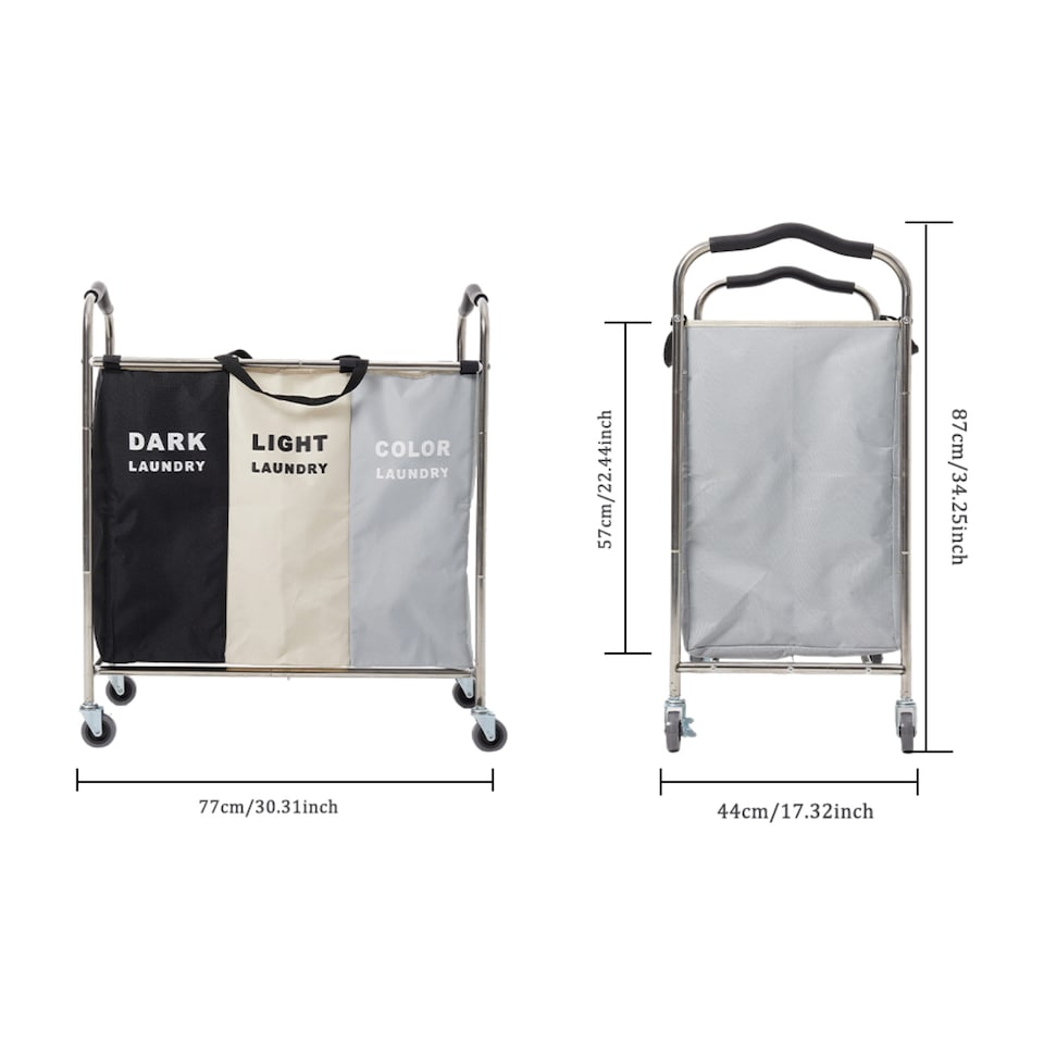 image 1 of Living and Home 3-Section Laundry Basket Cart with Metal Frame
