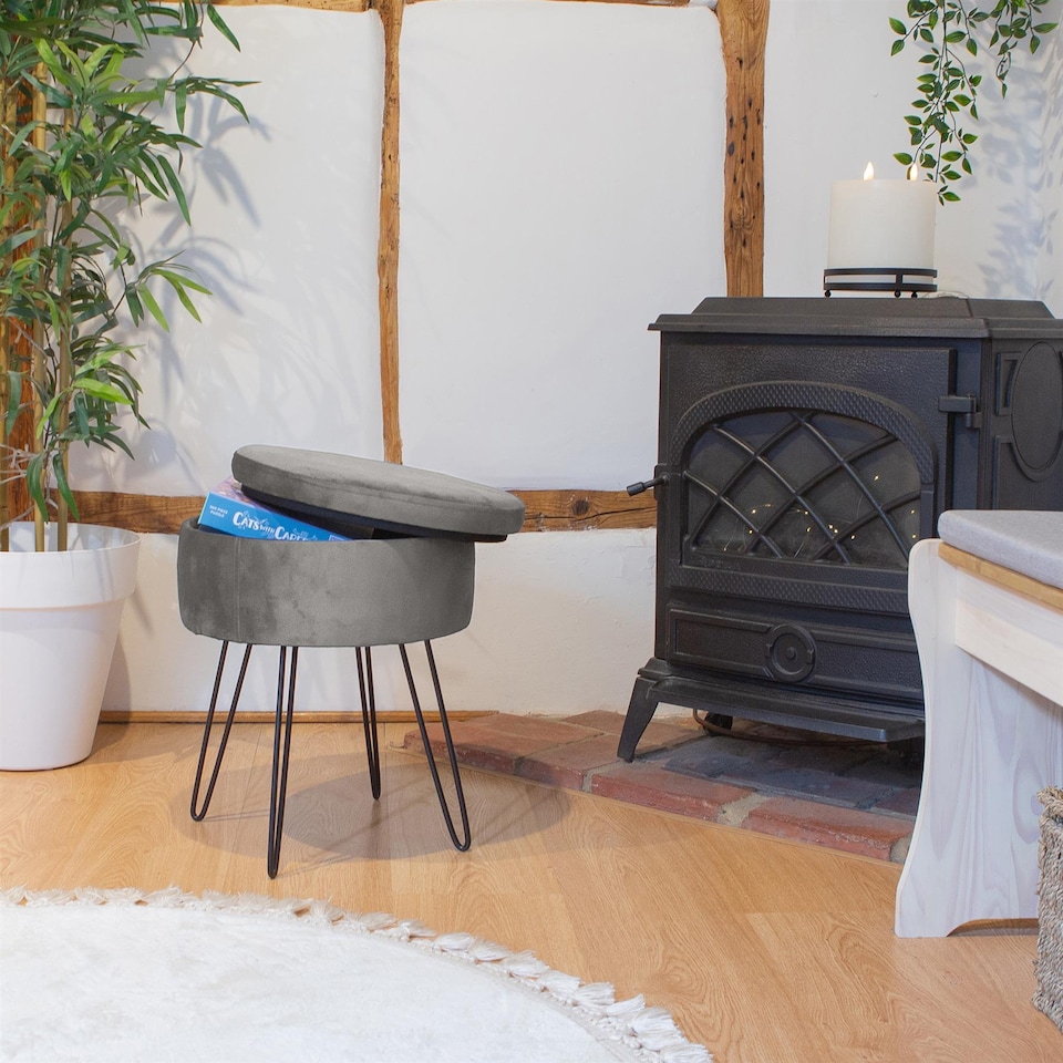 image 1 of Harbour Housewares Velvet Storage Footstool - Round Modern Dressing Table Footstool Vanity Seat Chair - 45 x 36cm - Grey/Black | Grey | Grey/Black | Pack of 1 | 1