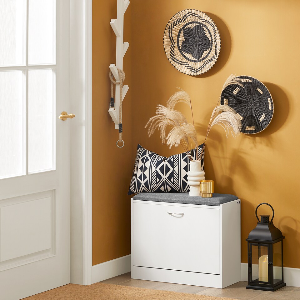 image 1 of SoBuy Shoe Storage Bench with Flip Drawer & Cushioned Seat, White, 23.6x9.4x18.5 in, 11.9 kg - FSR16-K-W