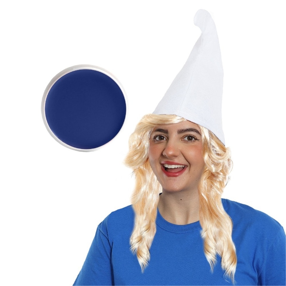 image 1 of White Gnome Hat, Blue Face Paint & Blonde Wig White | One Size